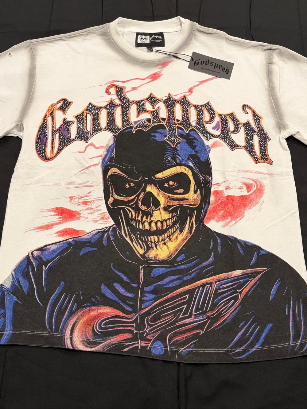 Godspeed Men’s Graphic Skull Tee - White with Blue & Yellow Accents